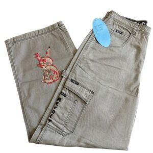 Vtg R.V.T. Revolt Mens Cargo Pants 34x34 Y2K Dragon Embroidery Piping Hot HTF
